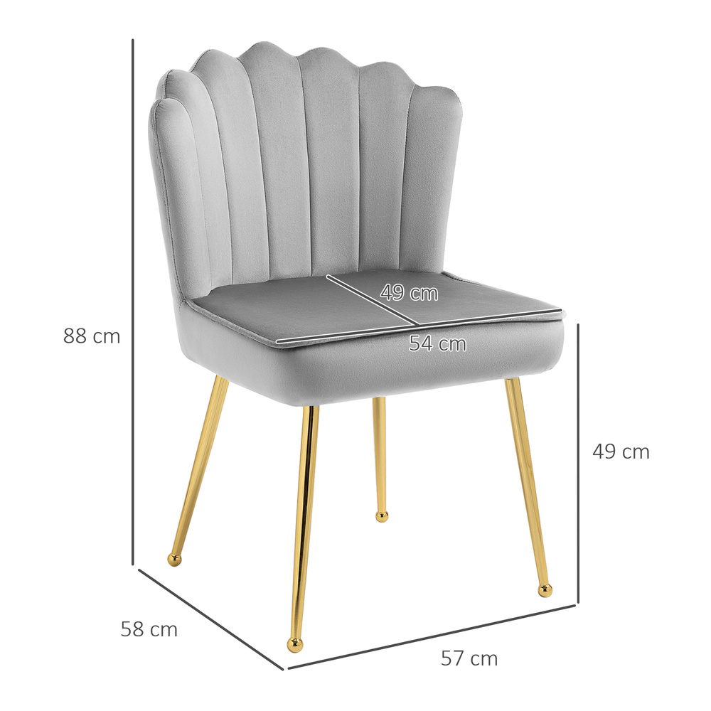 HOMCOM Shell Dining Chairs Set of 2, Upholstered Kitchen Chairs with Gold Metal Legs and Backrest, Velvet Fabric Lounge Leisure Chairs for Living Room, Reception Room, Grey