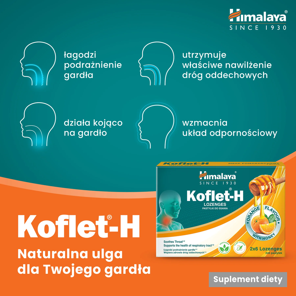 Himalaya Koflet-H Pomarańcza Wspiera Zdrowie Dróg Oddechowych 12 Pastylek do Ssania