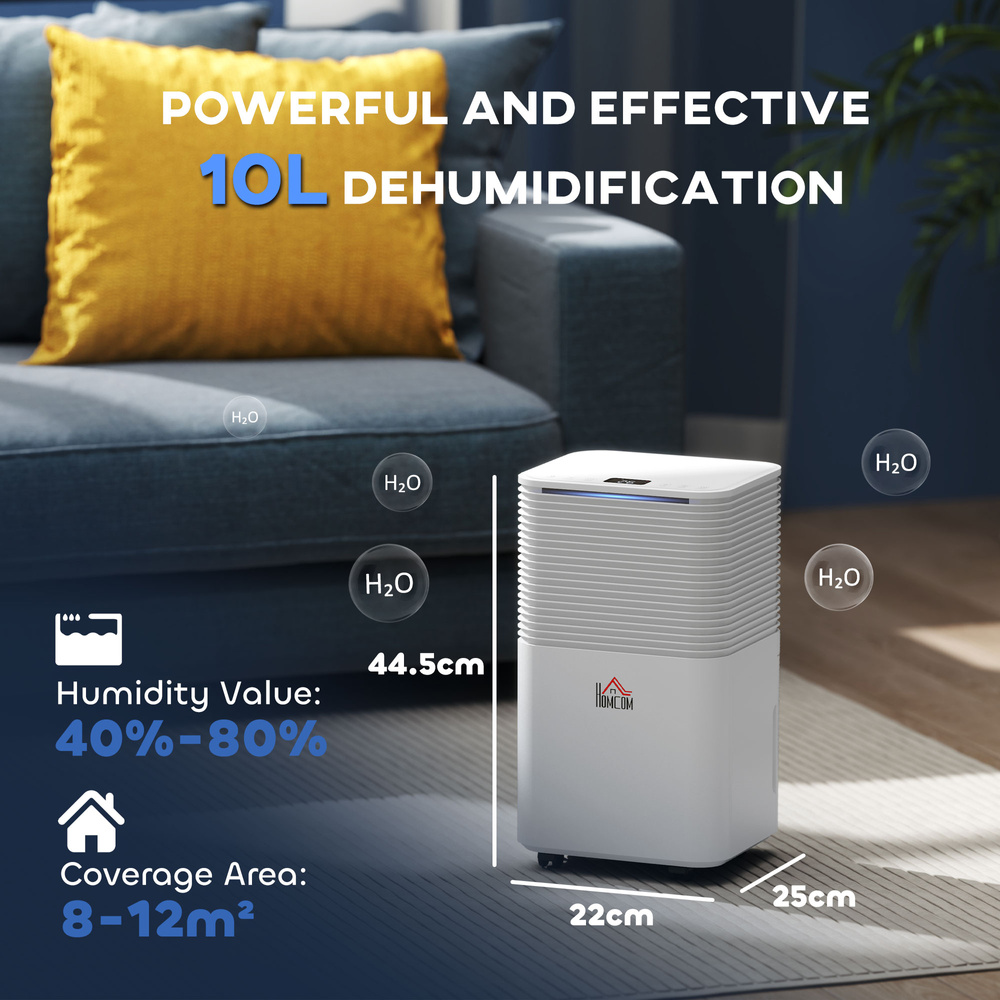 HOMCOM 10L/Day Dehumidifier with 2L Water Tank, Laundry Drying, Automatic Humidity Sensor, Electric Portable Dehumidifier with 24H Timer, 3 Modes for Home Damp, Mould and Condensation