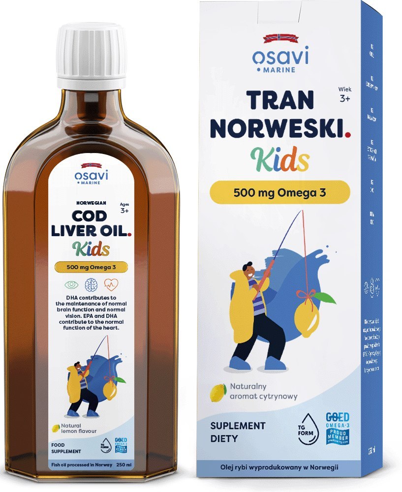 Osavi Norwegian Cod Liver Oil Kids 500mg Omega 3 Wspomaga Pracę Serca i Mózgu oraz Prawidłowe Widzenie dla Dzieci powyżej 3 Roku Życia Smak Cytrynowy 250ml