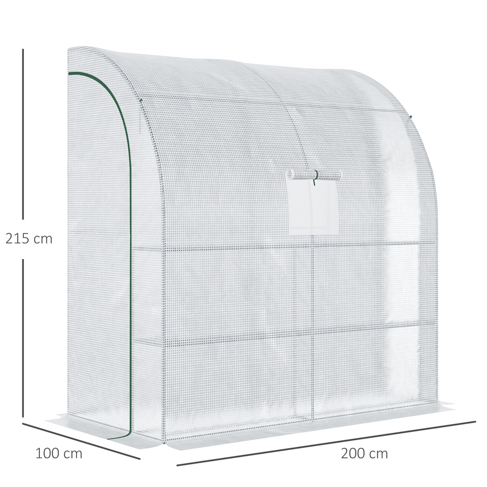 Outsunny Walk-In Lean to Wall Greenhouse with Windows and Doors, Outdoor Green House with 3 Tiers 4 Wired Shelves, 200L x 100W x 215Hcm, White