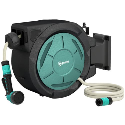Outsunny Retractable Hose Reel Wall Mounted, 20+2m Garden Hose Pipe Reel with Lock, Auto Rewind, 7 in 1 Spray Nozzle, Includes Wall Fixings, 180° Swivel, Outdoor Watering, 54 x 20 x 39 cm, Black