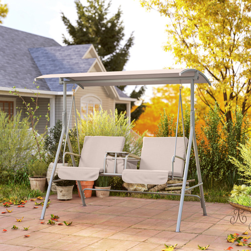 Outsunny 2 Seater Garden Swing Chair Patio Rocking Bench w/ Tilting Canopy, Double Padded Seats, Storage Bag and Tray, Beige