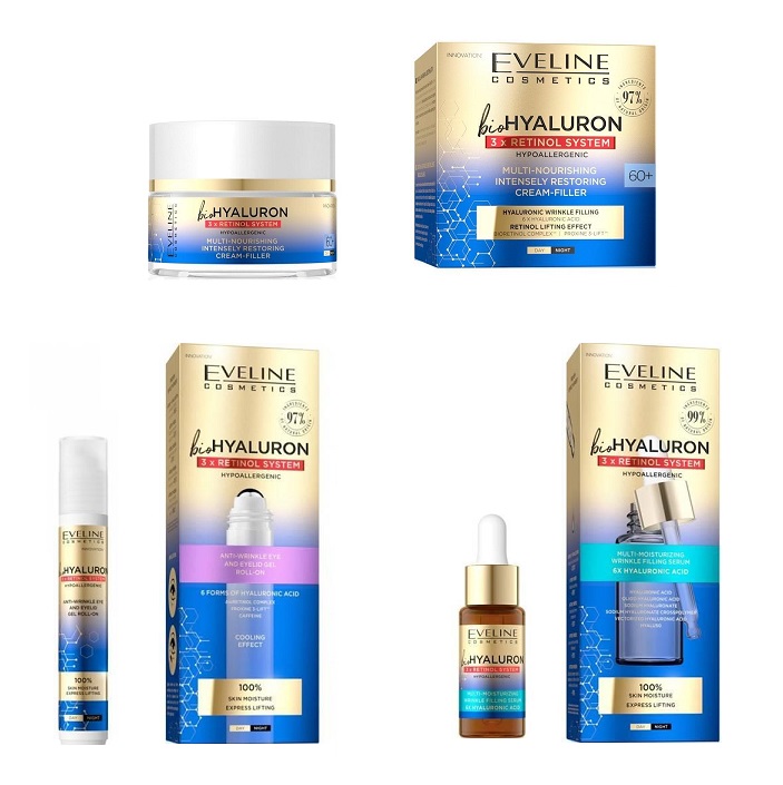 Eveline BioHyaluron 3x Retinol Przeciwzmarszczkowy Roll-on  pod oczy + Serum wypełniające+ Krem do twarzy 60+