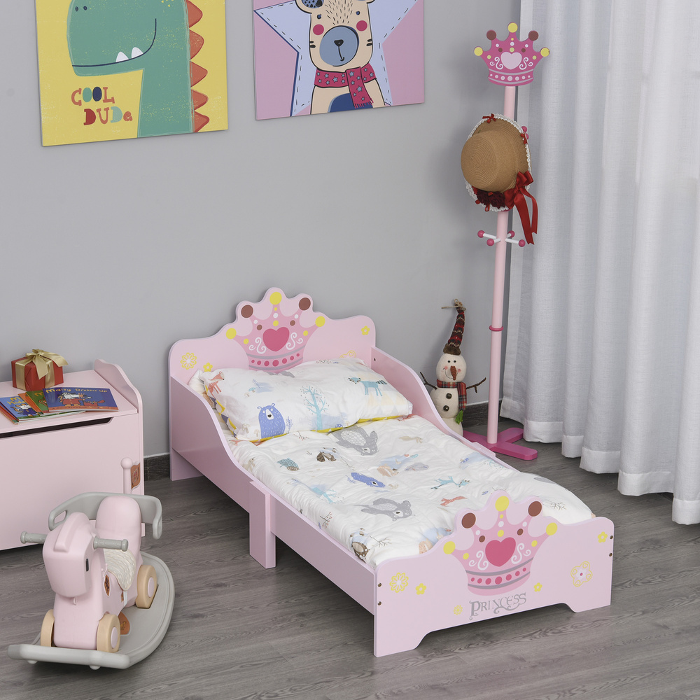 HOMCOM Kids Toddler Bed Princess Crown Theme Safety Side Rails Slats Home Bedroom Furniture Boys Girls 3-6 Years Pink 143 x 73 x 60 cm