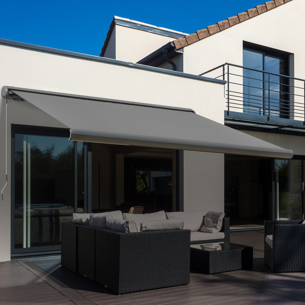 Outsunny 3 x 2.5m Electric Awning with Remote Controller, Aluminium Frame DIY Retractable Awning, UV50+ Sun Shade Canopy for Garden Patio Deck Door Window, Grey