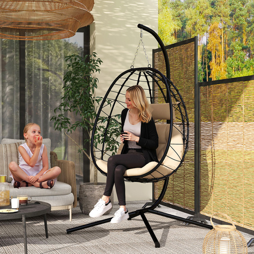 Outsunny Hanging Egg Chair Outdoor Indoor Garden Swing Chair with Folding Basket, Thickened Cushion, Garden Hanging Chair with Stand, Headrest for Patio, Balcony, Khaki
