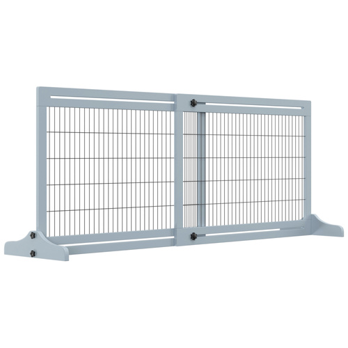 PawHut Freestanding Dog Gate, Foldable Pet Fence, Indoor Wood Barrier, Stair Gate with Support Feet, for Doorway, Hallway, Small and Medium Dogs, 69H x 104-180 cm, Blue-grey