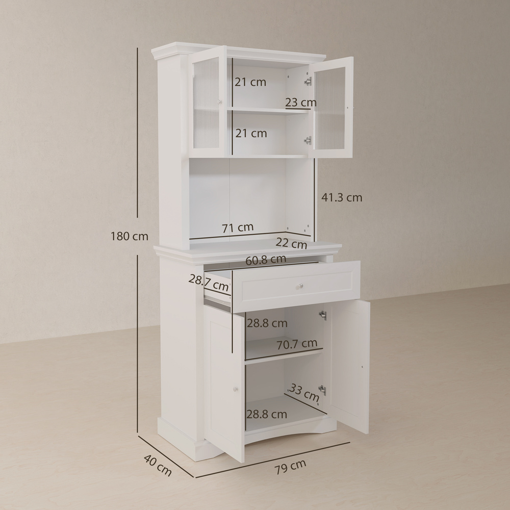 HOMCOM 4-Door Kitchen Cupboard with Drawer, Freestanding Kitchen Cabinet with Glass Doors, Adjustable Shelves and Open Counter, White