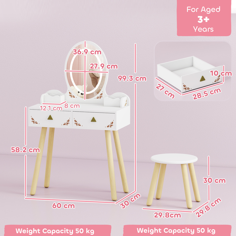 AIYAPLAY Kids Vanity Table and Chair Set with 3-Colour LED Lights Mirror, Drawer, Storage Boxes, for 3+ Years, White