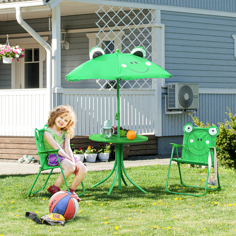 Outsunny Kids Folding Picnic Table Chair Set w/ Parasol, Green