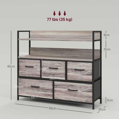 HOMCOM Rustic Chest of Five Fabric Drawers - Grey Wood Effect