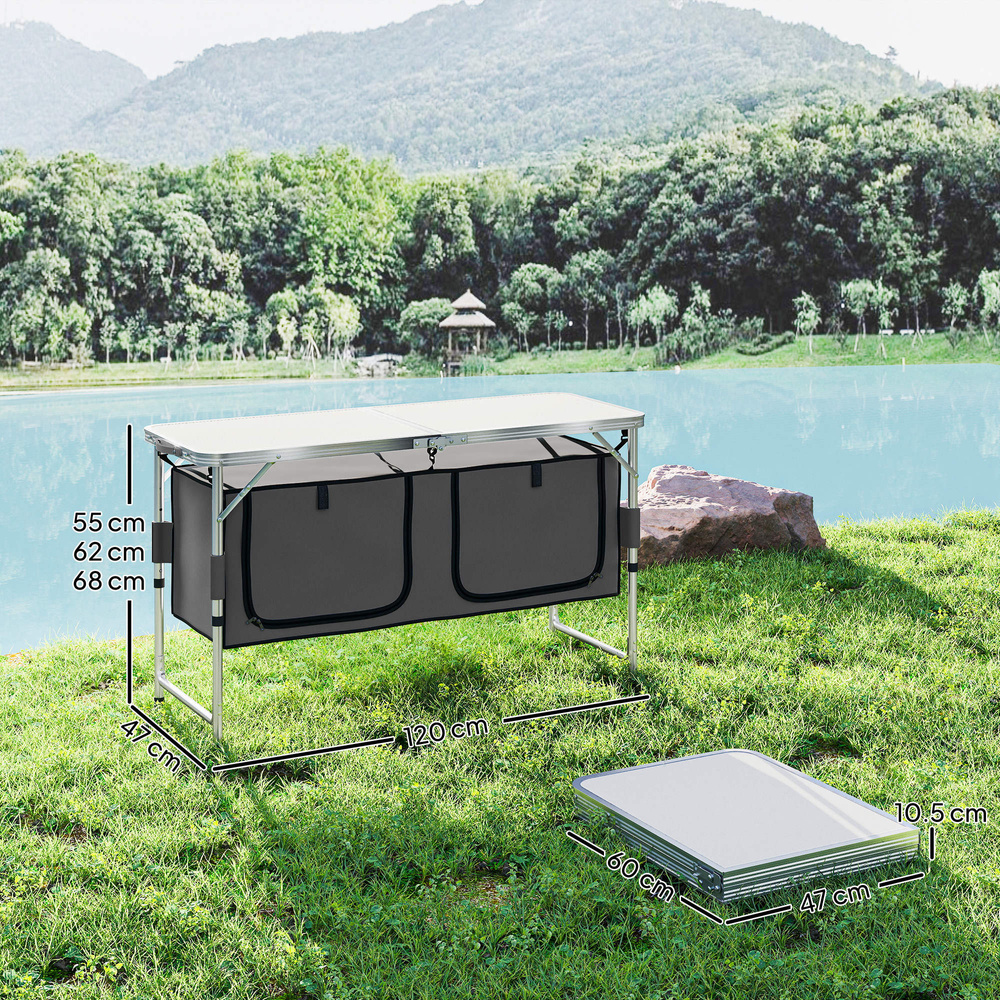 Outsunny 4ft Folding Camping Cupboard Kitchen, Height Adjustable Aluminium Camping Table with Storage, Lightweight Picnic Table for Outdoor Garden BBQ Party