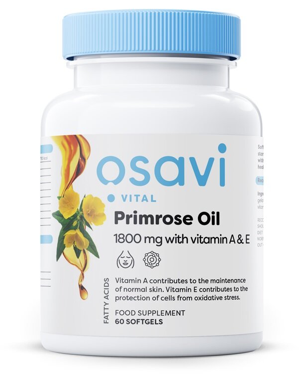 Osavi Primrose Oil with Vitamin A & E 1800mg Olej z Wiesiołka Wspiera Zdrowie Skóry 60 Kapsułek