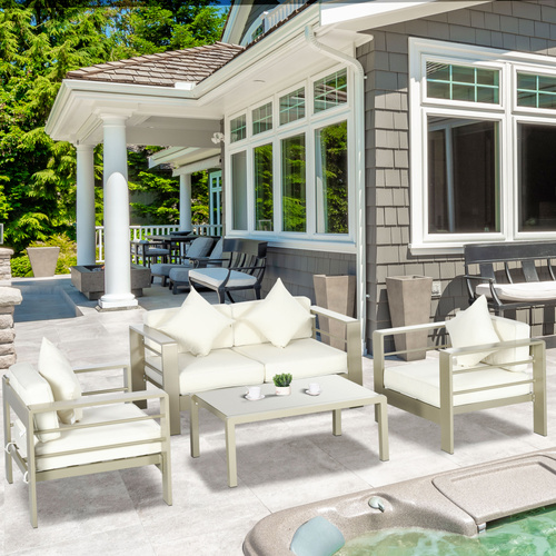 Outsunny 4 Pieces Outdoor Garden Furniture Set, Aluminium Frame Backyard Furniture w/ Thick Padded Cushioned Loveseat, 2 Chairs, and Glass Top Table, Champagne Gold