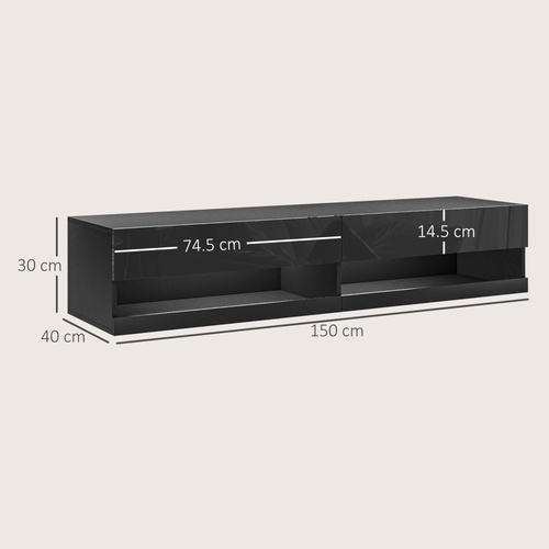HOMCOM Floating TV Unit, Wall Mounted TV Cabinet for TVs up to 65", High Gloss Media Wall Unit with LED Lights, Storage Shelves, APP Control for Living Entertainment Room, Black
