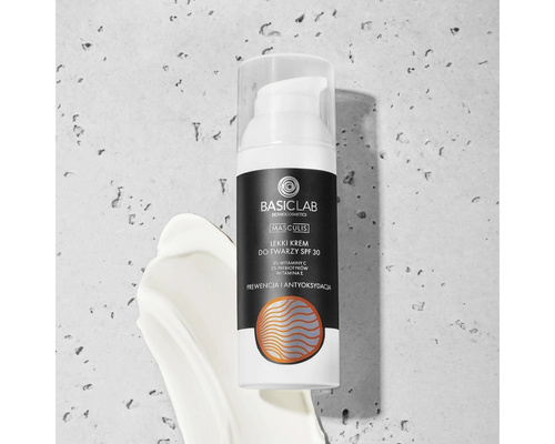 BasicLab Masculis Lekki Krem do Twarzy SPF30 3% Witaminy C 2% Prebiotyków Witamina E Prewencja i Antyoksydacja dla Mężczyzn 50ml