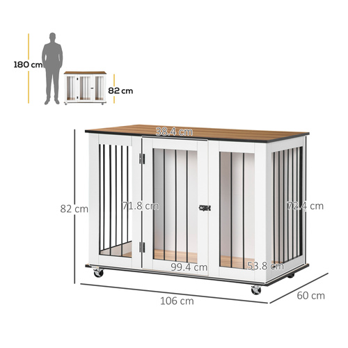 PawHut Dog Crate Furniture, Dog Cage End Table, with Wheels, for Large Dogs, 106 x 60 x 82 cm  - White