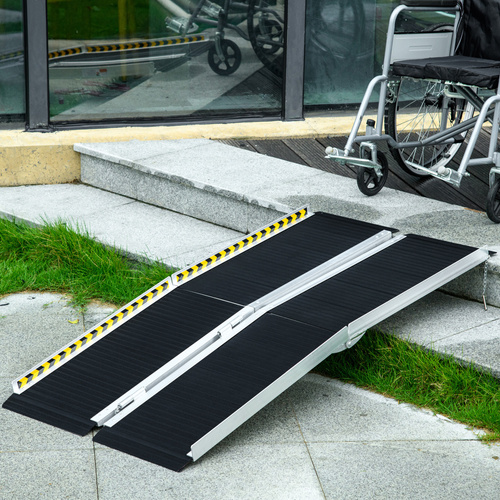 HOMCOM Wheelchair Ramp, 152L x 73Wcm, 272KG Capacity, Folding Aluminium Threshold Ramp with Non-Skid Surface, Transition Plates Above and Below for Home, Steps, Stairs, Curbs, Doorways
