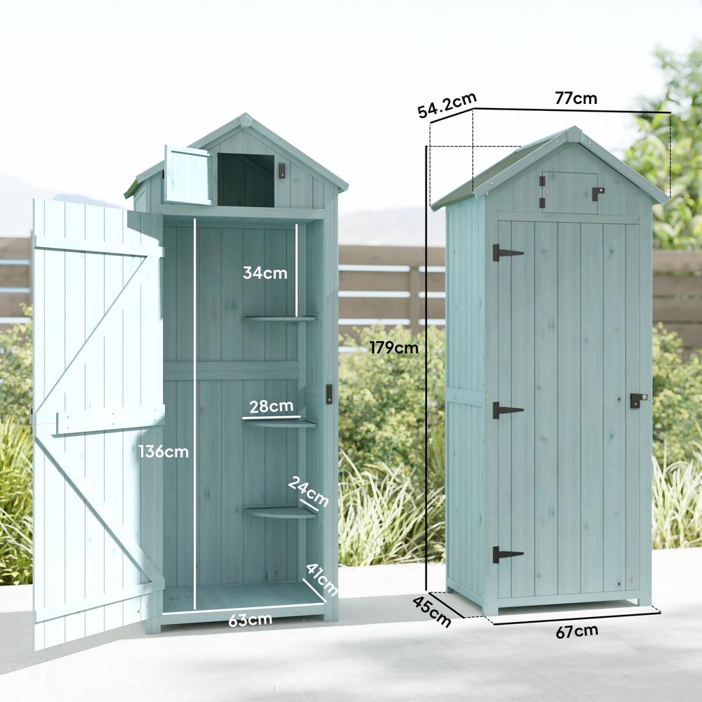 Outsunny Garden Shed Vertical Utility 3 Shelves Shed Wood Outdoor Garden Tool Storage Unit Storage Cabinet, 77 x 54.2 x 179cm - Blue