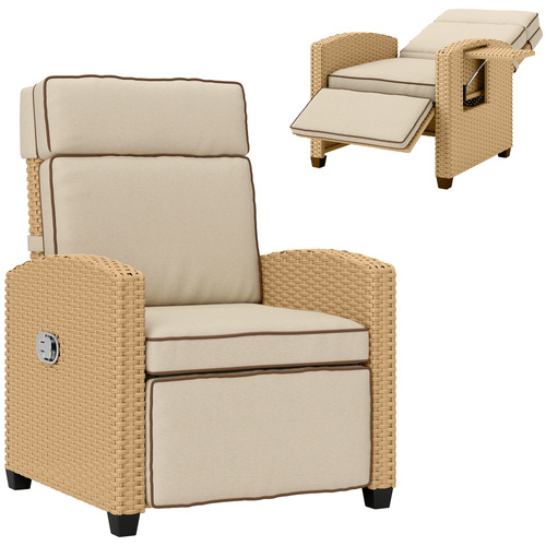 Outsunny 145° Reclining Rattan Armchair, with Footrest - Khaki/Beige