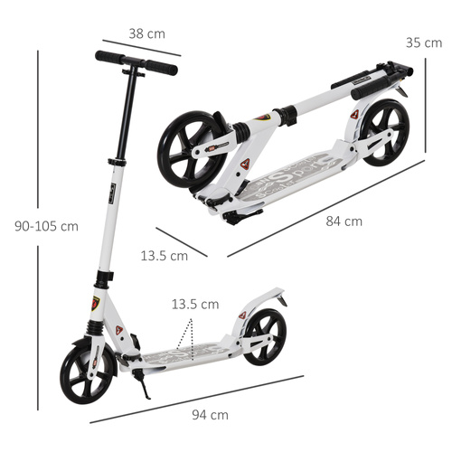 HOMCOM Folding Kick Scooter, Adjustable Ride On Scooter with 200mm Big Wheels and Double Shock Absorption, Urban Scooter for 14+ Teens Adult, White