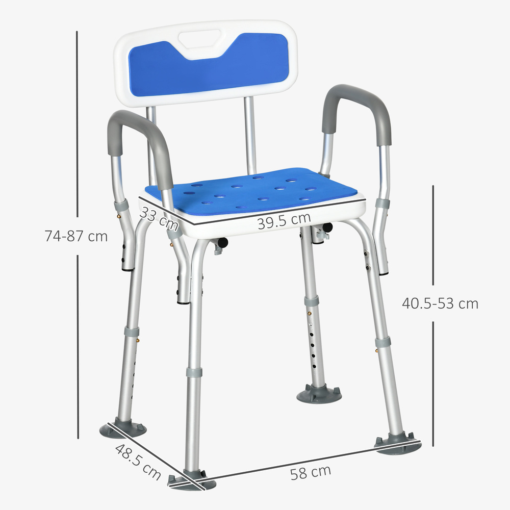 HOMCOM EVA Padded Shower Chair for the Elderly and Disabled, Height Adjustable Shower Stool with Back and Arms, 4 Suction Foot Pads, Blue
