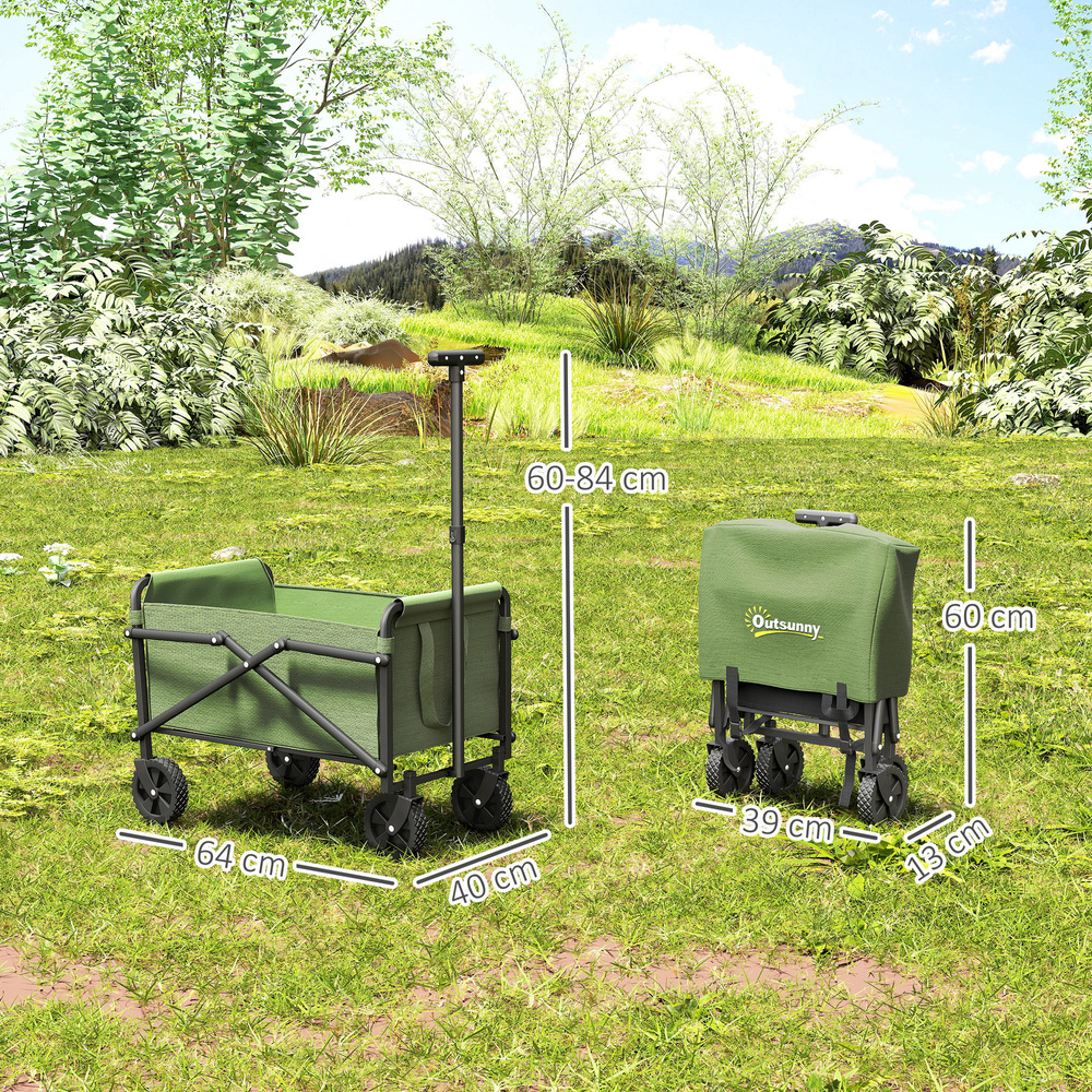 Outsunny 41L Festival Trolley on Wheels, Compact Garden Folding Trolley Cart, 60kg Heavy Duty Collapsible Foldable Wagon with Adjustable Handle and Carrying Bag for Beach, Camping, Festival, Green