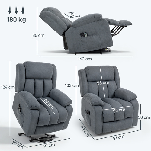 HOMCOM Power Lift Recliner Chair with Massage, Overstuffed Lift Chair for Elderly with Footrest, Remote and Side Pocket, Grey