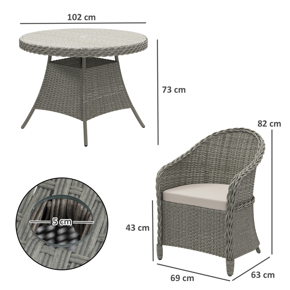 Outsunny 4 Seater Rattan Garden Furniture Set with Cushions, Round PE Rattan Dining Set with Glass-Top Table, Umbrella Hole, Outdoor Garden Table and Chairs, Grey