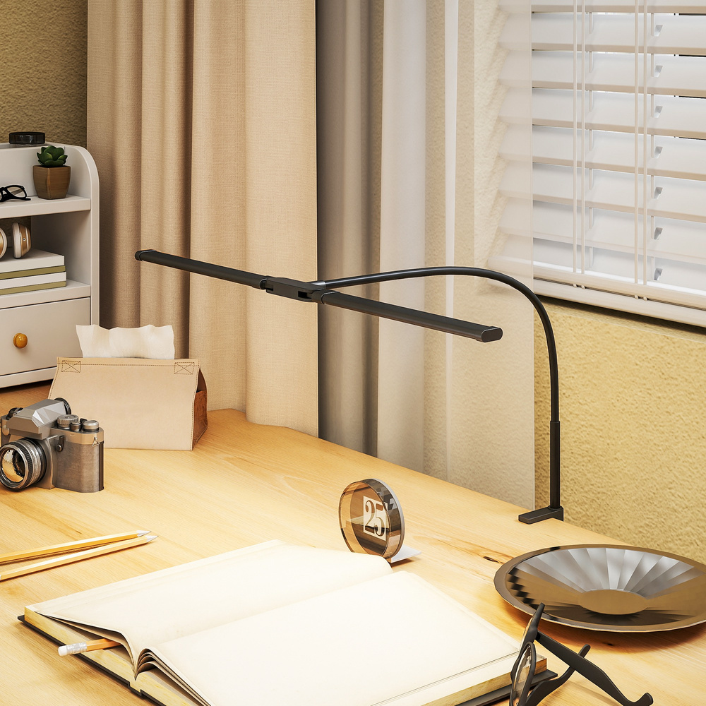 HOMCOM LED Desk Lamp with Clamp, Double Head Table Lamp with 3 Colour Modes & 10 Brightness Levels, Flexible Gooseneck Reading Desk Light with Timer and Memory Function for Study, Office, Work, Black