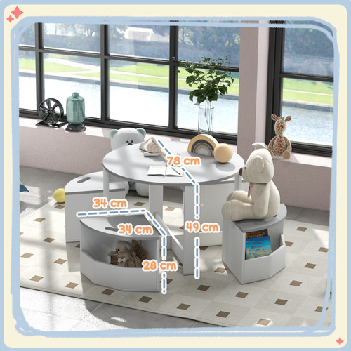 AIYAPLAY Five-Piece Kids Table and Chairs Set with Storage, for Ages 3-8 Years, Grey