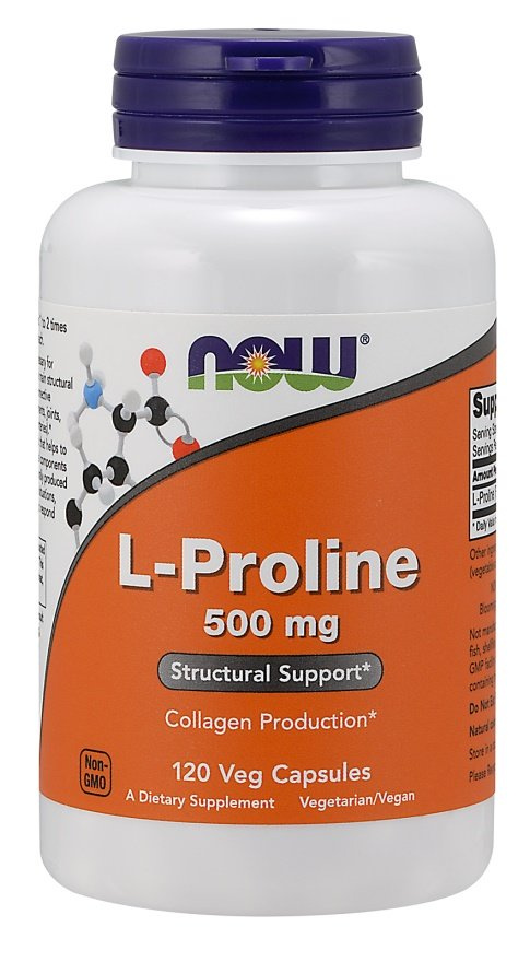 NOW Foods L-Proline 500 mg Collagen Production and Tissue Structure Support 120 Capsules