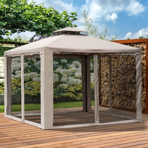 Outsunny Outdoor Gazebo, 2-tier Roof W/Netting, 295L x 295W x 263Hcm-Taupe