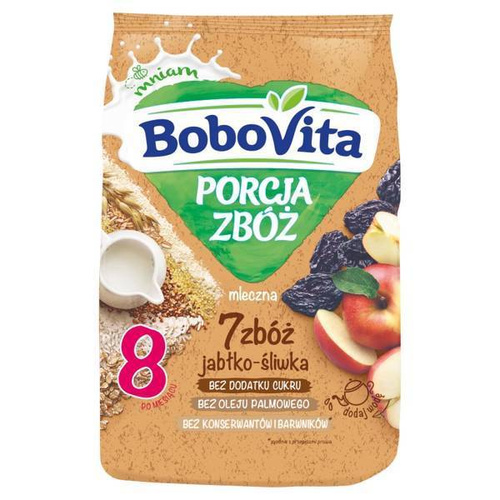 BoboVita Porcja Zbóż Kaszka Mleczna 7 Zbóż o Smaku Jabłka i Śliwki po 8 Miesiącu 210g
