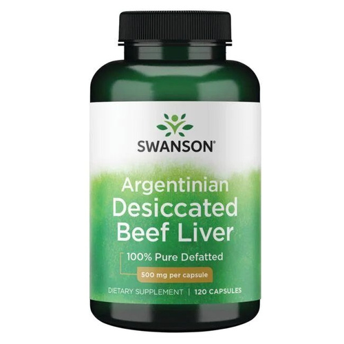 Swanson Argentyńska Wątroba Wołowa 500mg na Uzupełnienie Żelaza i B12 120 Kapsułek