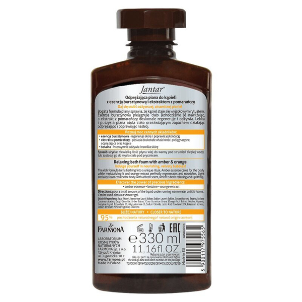 Jantar Odprężająca Piana do Kąpieli z Bursztynem i Pomarańczą 330ml