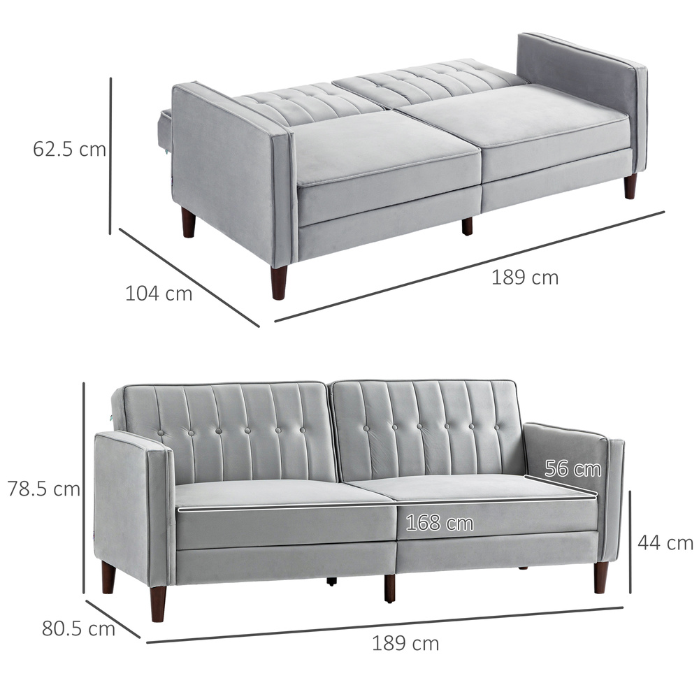 HOMCOM Modern Convertible Sofa Futon Velvet-Touch Tufted Couch with Adjustable Split Back, Light Grey