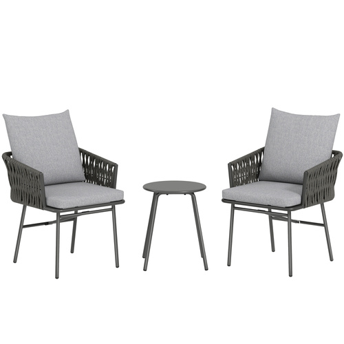 Outsunny 3-Piece Rattan Bistro Set, Garden Table and Chairs with 4 Cushions, Patio Rattan Conversation Furniture Set for Balcony, Porch, Terrace, Grey