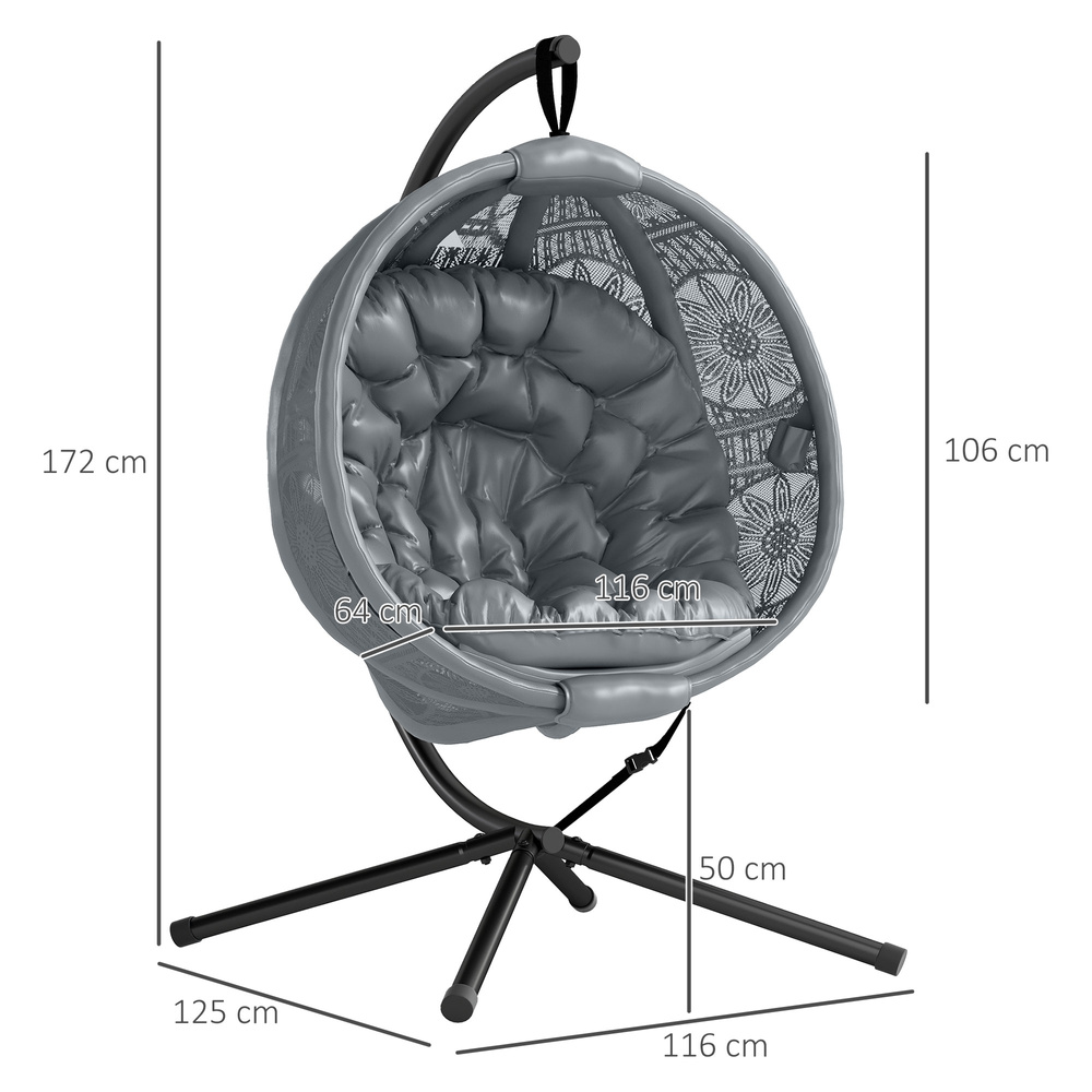 Outsunny Round Egg Basket Chair, with Steel Stand, Charcoal Grey
