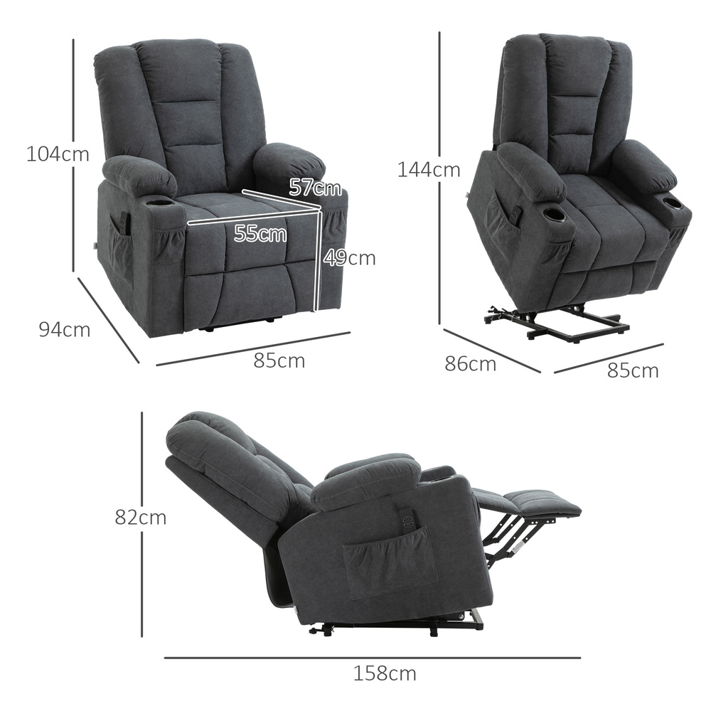 HOMCOM Electric Riser Recliner Armchair, Oversized Chair with Cup Holder & Side Pockets for Elderly in Living Room, Charcoal Grey