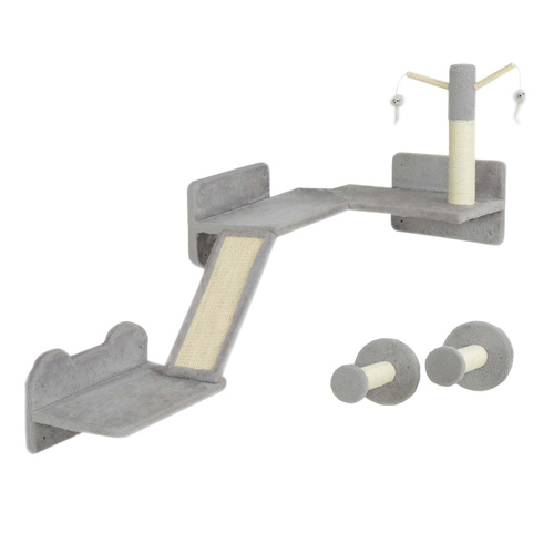 PawHut 3-Piece Cat Wall Furniture with Scratching Posts, Scratching Pads, Perches, Cat Wands, Toy Balls, Light Grey