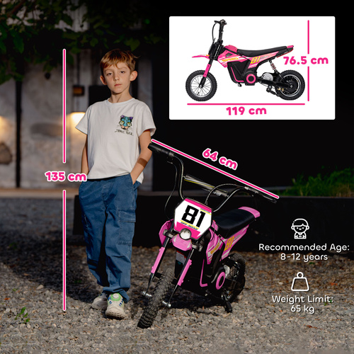 AIYAPLAY Kids Electric Motorbike, 24V Ride On Motorcycle with 3 Speeds and Rear Suspension, Dirt Bike for 8-12 Years Old, Pink
