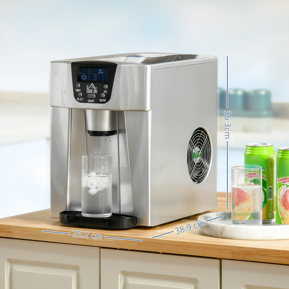 HOMCOM 3L Ice Maker Machine and Water Dispenser, 12kg in 24H, 2 Sizes 9 Ice Cubes Ready in 6-10 Mins Ice Machine, Silver