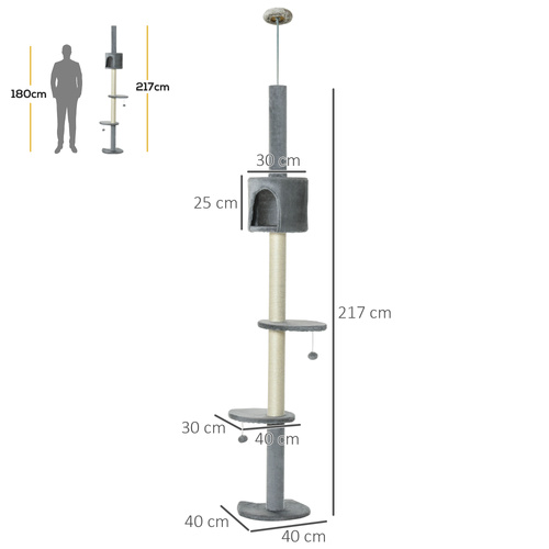PawHut Floor to Ceiling Cat Tree for Indoor Cats, Kitten Tower, Condo, Multi-Layer Activity Center, Indoor Pet Play House with Solid Scratching Post Hanging Balls, Light Grey