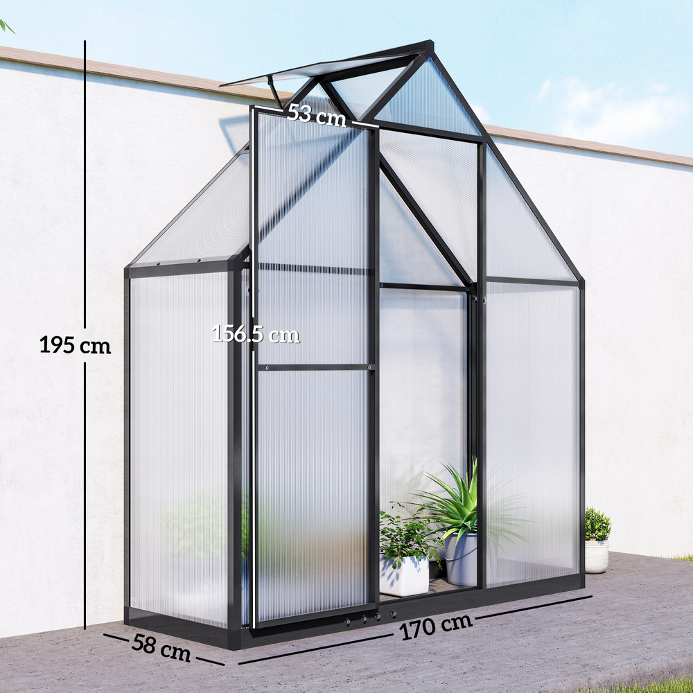 Outsunny Polycarbonate Greenhouse with Swing Door and Adjustable Window, Walk-in Greenhouse, 5.5 x 2ft, Black
