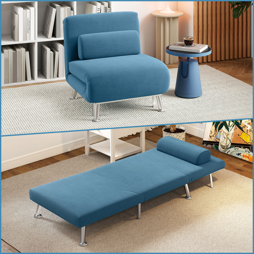 HOMCOM Single Velvet-Feel Sleeper Chair - Blue