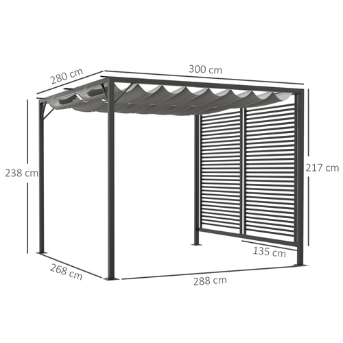 Outsunny 3 x 2.8m Metal Pergola, with Retractable Fabric Roof - Grey