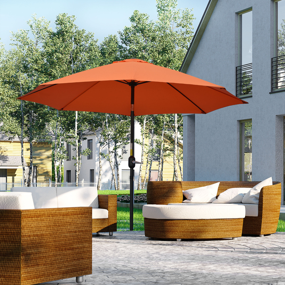 Outsunny 2.6M Patio Parasol Sun Umbrella, Tilt Shade Shelter Canopy with Crank 8 Ribs Aluminium Frame, Orange