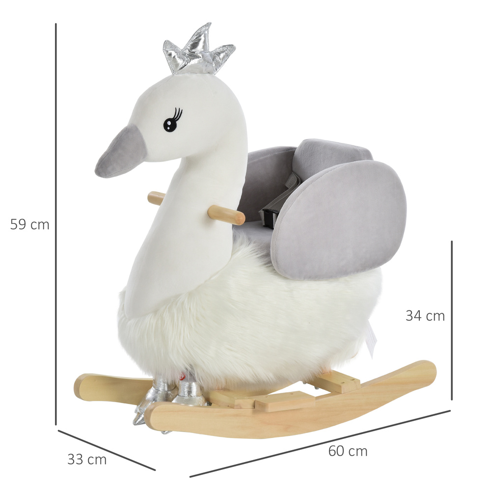 HOMCOM Kids Rocking Horse, Children Plush Ride On Swan Animal Rocker w/ Sound, Wood Base Seat, Safety Belt, Baby Toy Rocker for Toddler 18 - 36 Months, White and Grey